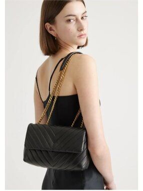 Quince Italian Leather Quilted Crossbody Bag Black Chevron Chain Strap Small bag